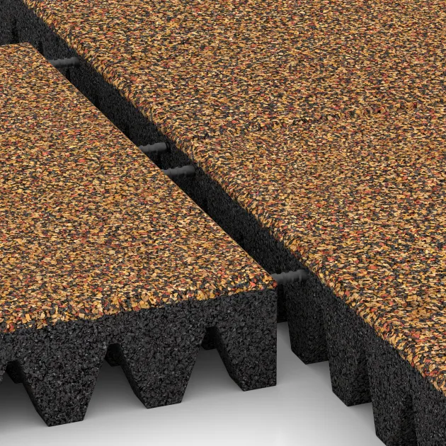 Großaufnahme vom Verbindungssystem von WARCO-Boden 5373 - Dopadová gumená podložka na ihrisko im Farbdesign Terra Cotta. Abmessungen 500 x 500 x 80 mm.