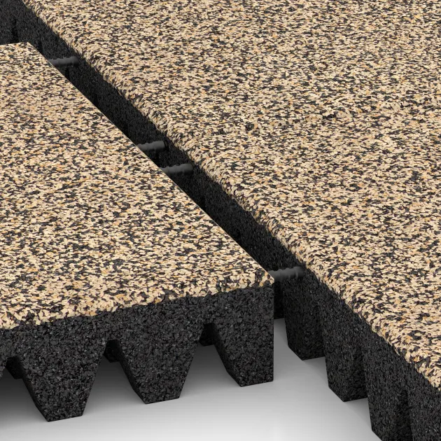 Großaufnahme vom Verbindungssystem von WARCO-Boden 5374 - Dopadová gumená podložka na ihrisko im Farbdesign Travertín. Abmessungen 500 x 500 x 80 mm.