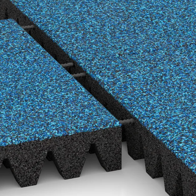 Großaufnahme vom Verbindungssystem von WARCO-Boden 5375 - Dopadová gumená podložka na ihrisko im Farbdesign Atlantic. Abmessungen 500 x 500 x 80 mm.