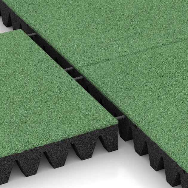 Großaufnahme vom Verbindungssystem von WARCO-Boden 0723 - Dopadová gumená podložka na ihrisko im Farbdesign Bledozelená. Abmessungen 500 x 500 x 80 mm.