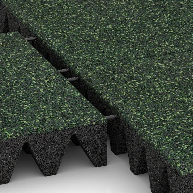 Großaufnahme vom Verbindungssystem von WARCO-Boden 3709 - Dopadová gumená podložka na ihrisko im Farbdesign Anglická tráva. Abmessungen 500 x 500 x 100 mm.