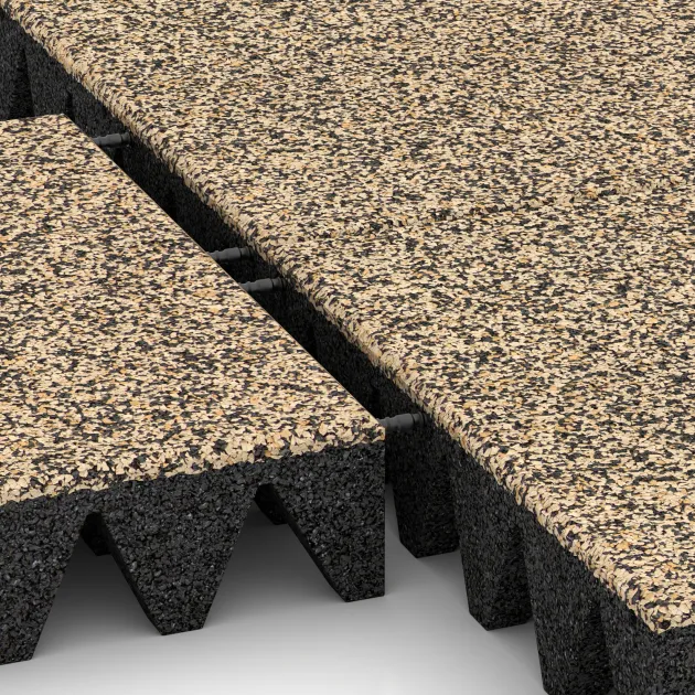 Großaufnahme vom Verbindungssystem von WARCO-Boden 3699 - Dopadová gumená podložka na ihrisko im Farbdesign Travertín. Abmessungen 500 x 500 x 100 mm.