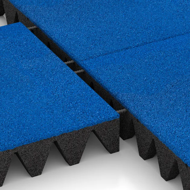 Großaufnahme vom Verbindungssystem von WARCO-Boden 0733 - Dopadová gumená podložka na ihrisko im Farbdesign Chagall modrá. Abmessungen 500 x 500 x 100 mm.