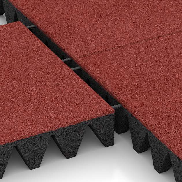 Großaufnahme vom Verbindungssystem von WARCO-Boden 0734 - Dopadová gumená podložka na ihrisko im Farbdesign Korálová červená. Abmessungen 500 x 500 x 100 mm.
