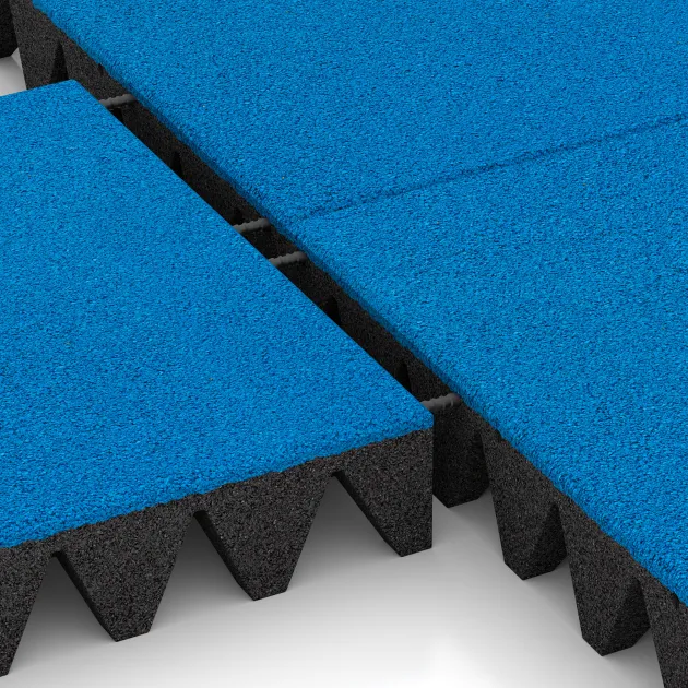 Großaufnahme vom Verbindungssystem von WARCO-Boden 0735 - Dopadová gumená podložka na ihrisko im Farbdesign Nebe modrá. Abmessungen 500 x 500 x 100 mm.