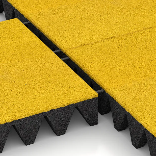 Großaufnahme vom Verbindungssystem von WARCO-Boden 0740 - Dopadová gumená podložka na ihrisko im Farbdesign Citrónová žltá. Abmessungen 500 x 500 x 100 mm.