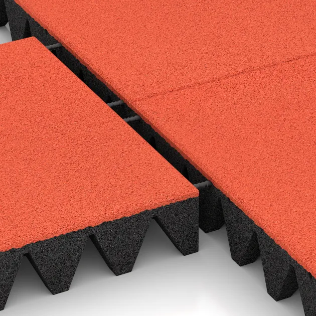 Großaufnahme vom Verbindungssystem von WARCO-Boden 0742 - Dopadová gumená podložka na ihrisko im Farbdesign Svetlooranžová červená. Abmessungen 500 x 500 x 100 mm.