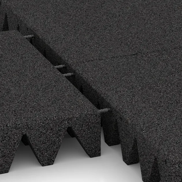 Großaufnahme vom Verbindungssystem von WARCO-Boden 0744 - Dopadová gumená podložka na ihrisko im Farbdesign Antracit. Abmessungen 500 x 500 x 100 mm.
