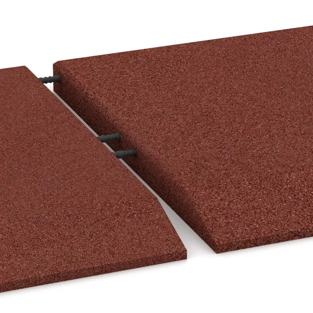 Großaufnahme vom Verbindungssystem von WARCO-Boden 0468 - Corner tile (two chamfered sides) im Farbdesign Cihlovo červená. Abmessungen 500 x 500 x 40 mm.