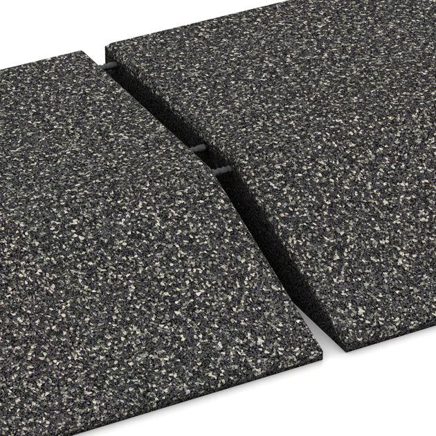 Großaufnahme vom Verbindungssystem von WARCO-Boden 3833 - Corner tile (two chamfered sides) im Farbdesign Tmavý šedý granit. Abmessungen 500 x 500 x 100 mm.