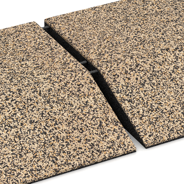 Großaufnahme vom Verbindungssystem von WARCO-Boden 3822 - Corner tile (two chamfered sides) im Farbdesign Travertín. Abmessungen 500 x 500 x 100 mm.