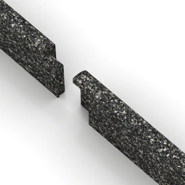 Großaufnahme vom Verbindungssystem von WARCO-Boden 2260 - Wall protection - skirting board im Farbdesign Tmavý šedý granit. Abmessungen 750 x 80 x 20 mm.