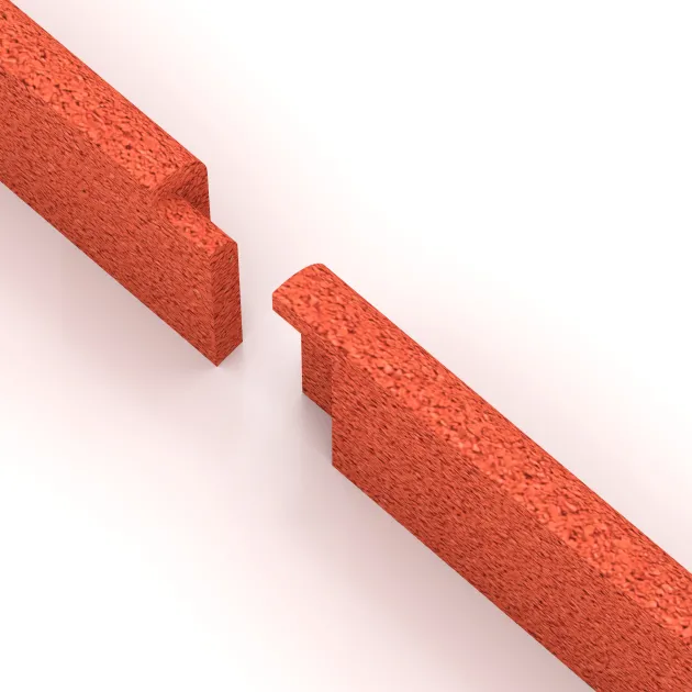 Großaufnahme vom Verbindungssystem von WARCO-Boden 4285 - Wall protection - skirting board im Farbdesign Svetlooranžová červená. Abmessungen 750 x 80 x 20 mm.