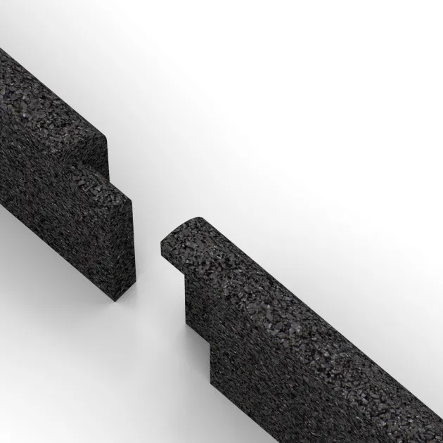 Großaufnahme vom Verbindungssystem von WARCO-Boden 2263 - Wall protection - skirting board im Farbdesign Antracit. Abmessungen 750 x 80 x 20 mm.