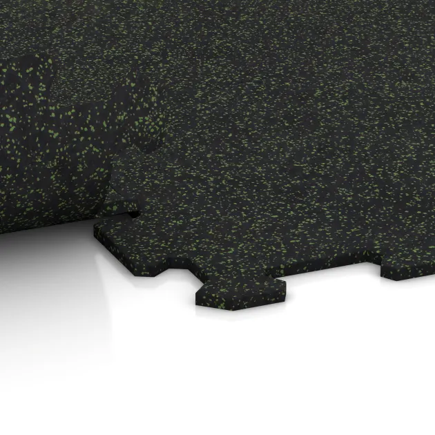 Großaufnahme vom Verbindungssystem von WARCO-Boden 1042 - Stair covering im Farbdesign Ľahko zeleno posypaná. Abmessungen 970 x 970 x 8 mm.