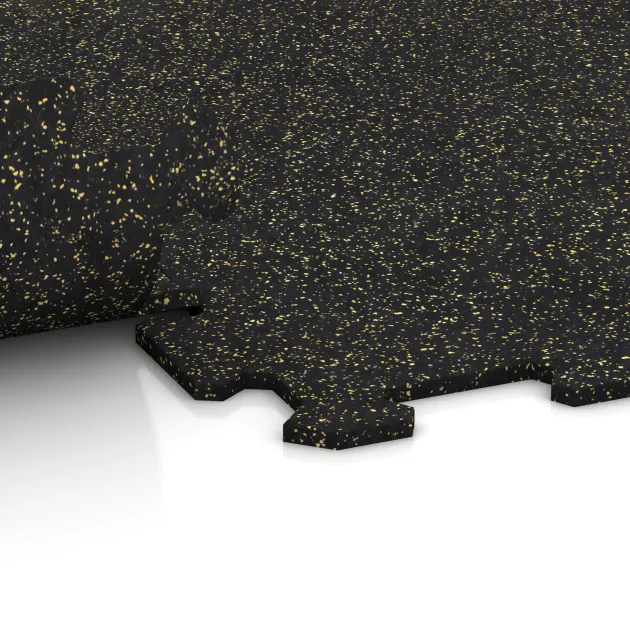 Großaufnahme vom Verbindungssystem von WARCO-Boden 1047 - Stair covering im Farbdesign Ľahko žlto posypaná. Abmessungen 970 x 970 x 8 mm.