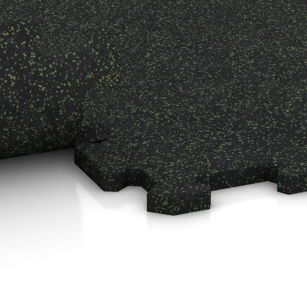 Großaufnahme vom Verbindungssystem von WARCO-Boden 1119 - Stair covering im Farbdesign Ľahko zeleno posypaná. Abmessungen 970 x 970 x 16 mm.