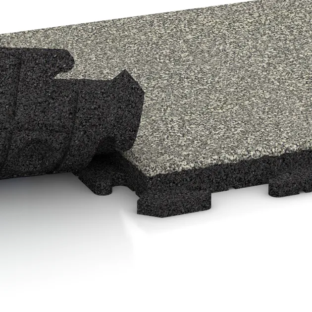 Großaufnahme vom Verbindungssystem von WARCO-Boden 1290 - Terasa dlaždica Classic im Farbdesign Svetlý granit. Abmessungen 500 x 500 x 40 mm.