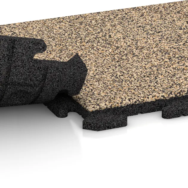 Großaufnahme vom Verbindungssystem von WARCO-Boden 5456 - Stair covering im Farbdesign Travertín. Abmessungen 500 x 500 x 30 mm.