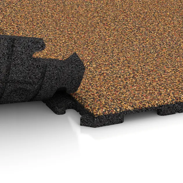 Großaufnahme vom Verbindungssystem von WARCO-Boden 1602 - Fitness gumové dlaždice Classic im Farbdesign Terra Cotta. Abmessungen 1000 x 1000 x 30 mm.