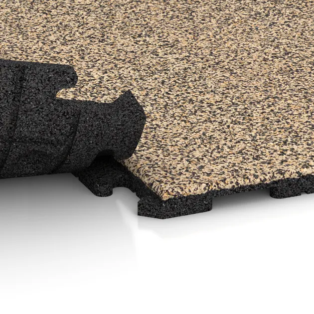 Großaufnahme vom Verbindungssystem von WARCO-Boden 1578 - Playground flooring im Farbdesign Travertín. Abmessungen 1000 x 1000 x 30 mm.