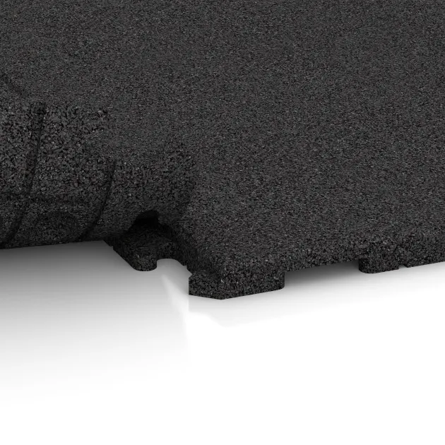 Großaufnahme vom Verbindungssystem von WARCO-Boden 1618 - Playground flooring im Farbdesign Antracit. Abmessungen 1000 x 1000 x 30 mm.