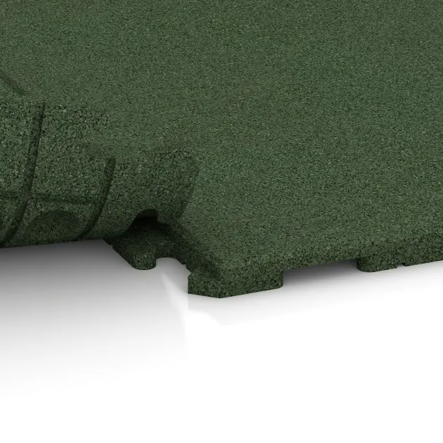 Großaufnahme vom Verbindungssystem von WARCO-Boden 1632 - Fitness gumové dlaždice Classic im Farbdesign Trávová zelená. Abmessungen 1000 x 1000 x 30 mm.