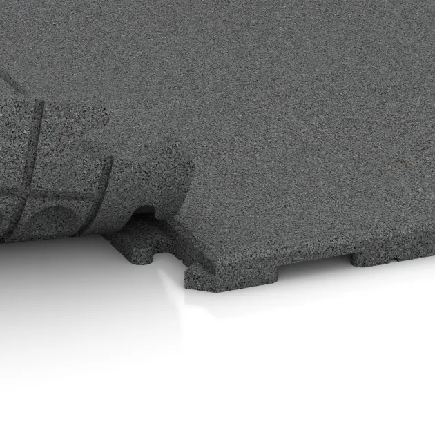 Großaufnahme vom Verbindungssystem von WARCO-Boden 1633 - Fitness gumové dlaždice Classic im Farbdesign Šedý bridlica. Abmessungen 1000 x 1000 x 30 mm.