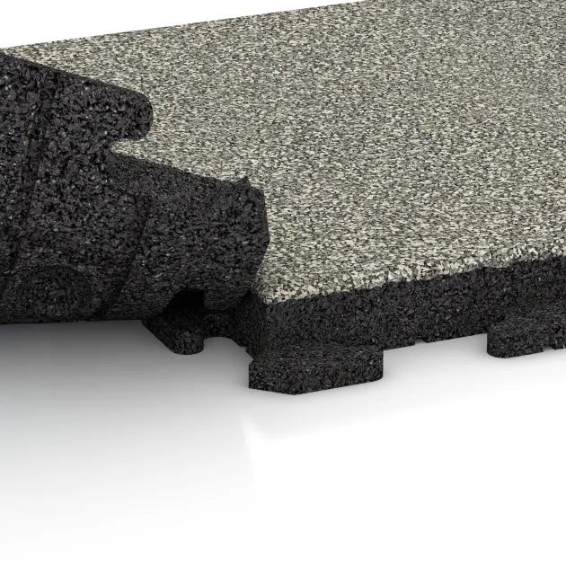 Großaufnahme vom Verbindungssystem von WARCO-Boden 1460 - Fitness gumové dlaždice Classic im Farbdesign Svetlý granit. Abmessungen 500 x 500 x 50 mm.