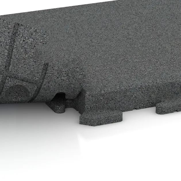 Großaufnahme vom Verbindungssystem von WARCO-Boden 1493 - Fitness gumové dlaždice Classic im Farbdesign Šedý bridlica. Abmessungen 500 x 500 x 50 mm.