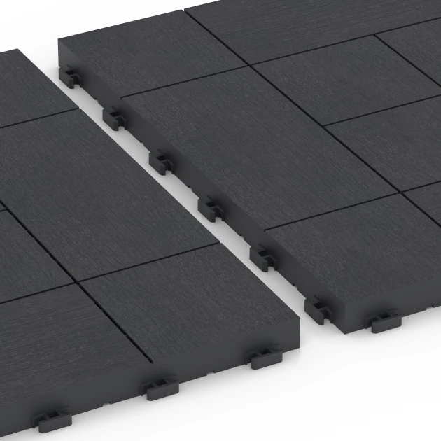 Großaufnahme vom Verbindungssystem von WARCO-Boden 6236 - Panelový vzor – Terasové dlaždice im Farbdesign Bridlica. Abmessungen 38,5 x 38,5 x 2 cm.