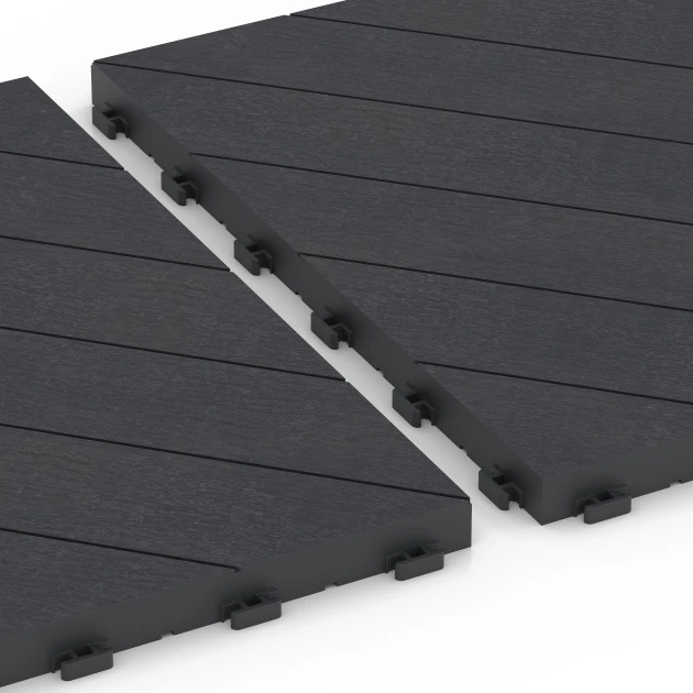 Großaufnahme vom Verbindungssystem von WARCO-Boden 6325 - Rybia kosť – Terasové dlaždice im Farbdesign Bridlica. Abmessungen 38,5 x 38,5 x 2 cm.