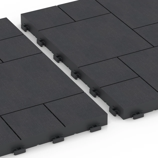 Großaufnahme vom Verbindungssystem von WARCO-Boden 6329 - Blokový vzor – Terasové dlaždice im Farbdesign Bridlica. Abmessungen 38,5 x 38,5 x 2 cm.