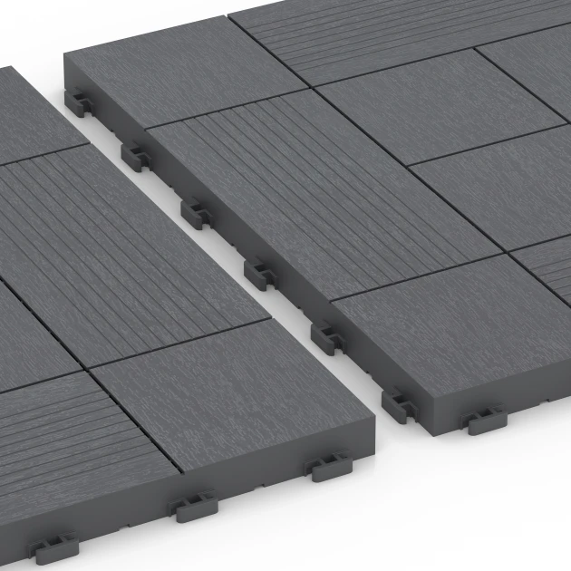 Großaufnahme vom Verbindungssystem von WARCO-Boden 6237 - Panelový vzor – Terasové dlaždice im Farbdesign Striebristošedá. Abmessungen 38,5 x 38,5 x 2 cm.