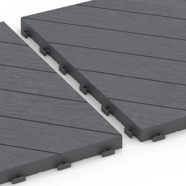 Großaufnahme vom Verbindungssystem von WARCO-Boden 6326 - Rybia kosť – Terasové dlaždice im Farbdesign Striebristošedá. Abmessungen 38,5 x 38,5 x 2 cm.