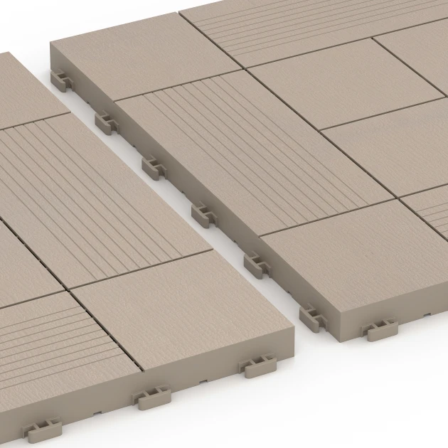 Großaufnahme vom Verbindungssystem von WARCO-Boden 6238 - Panelový vzor – Terasové dlaždice im Farbdesign Vanilka. Abmessungen 38,5 x 38,5 x 2 cm.