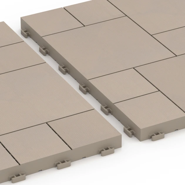 Großaufnahme vom Verbindungssystem von WARCO-Boden 6331 - Blokový vzor – Terasové dlaždice im Farbdesign Vanilka. Abmessungen 38,5 x 38,5 x 2 cm.