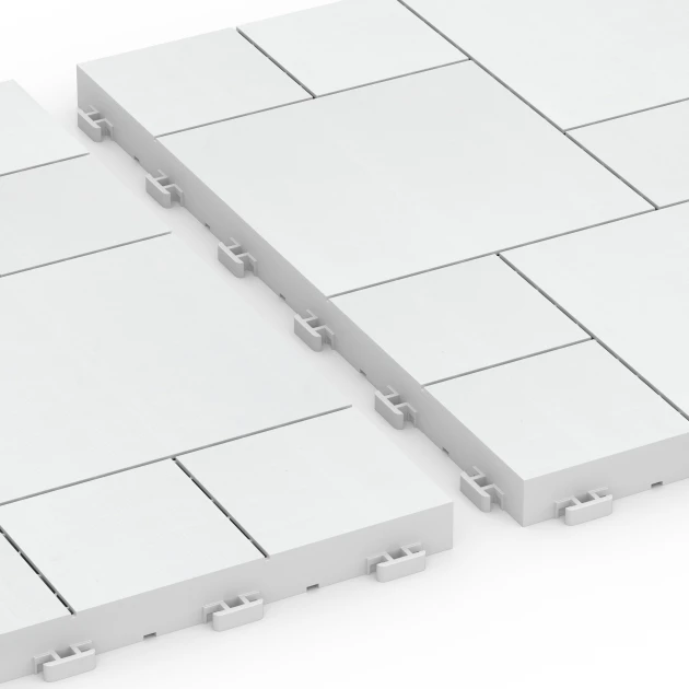 Großaufnahme vom Verbindungssystem von WARCO-Boden 6333 - Blokový vzor – Terasové dlaždice im Farbdesign Krieda. Abmessungen 38,5 x 38,5 x 2 cm.