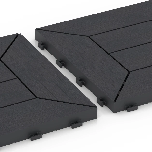 Großaufnahme vom Verbindungssystem von WARCO-Boden 6346 - Kazetový vzor – Terasové dlaždice im Farbdesign Bridlica. Abmessungen 30 x 30 x 2 cm.