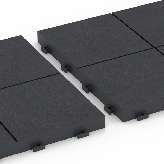 Großaufnahme vom Verbindungssystem von WARCO-Boden 6347 - Mozaika – Terasové dlaždice im Farbdesign Bridlica. Abmessungen 30 x 30 x 2 cm.