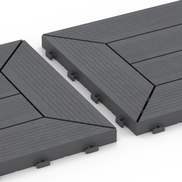 Großaufnahme vom Verbindungssystem von WARCO-Boden 6348 - Kazetový vzor – Terasové dlaždice im Farbdesign Striebristošedá. Abmessungen 30 x 30 x 2 cm.