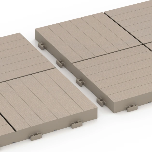 Großaufnahme vom Verbindungssystem von WARCO-Boden 6351 - Mozaika – Terasové dlaždice im Farbdesign Vanilka. Abmessungen 30 x 30 x 2 cm.