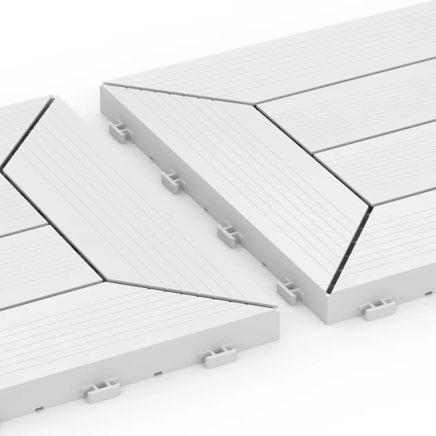 Großaufnahme vom Verbindungssystem von WARCO-Boden 6352 - Kazetový vzor – Terasové dlaždice im Farbdesign Krieda. Abmessungen 30 x 30 x 2 cm.