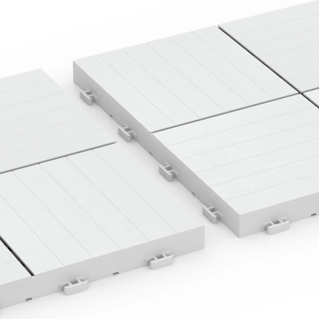 Großaufnahme vom Verbindungssystem von WARCO-Boden 6353 - Mozaika – Terasové dlaždice im Farbdesign Krieda. Abmessungen 30 x 30 x 2 cm.