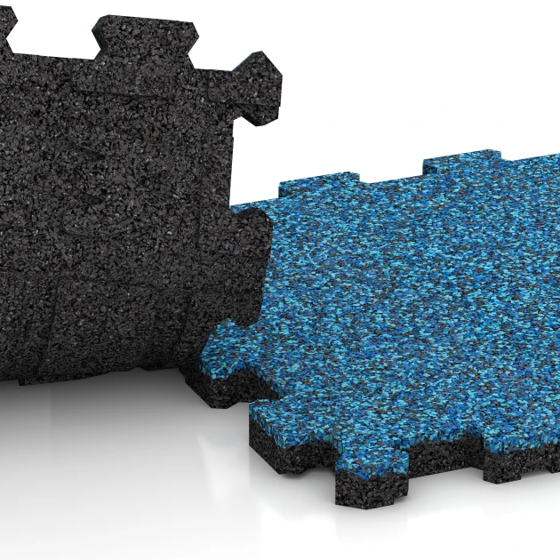 Großaufnahme vom Verbindungssystem von WARCO-Boden 6098 - Bezšpárová športová plocha im Farbdesign Atlantik. Abmessungen 30,6 x 30,6 x 2 cm | 0,094 m².