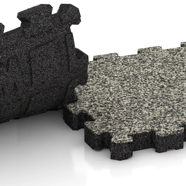 Großaufnahme vom Verbindungssystem von WARCO-Boden 4273 - Bezšpárová športová plocha im Farbdesign Svetlý granit. Abmessungen 306 x 306 x 30 mm.