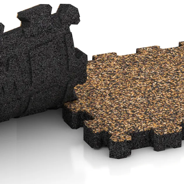 Großaufnahme vom Verbindungssystem von WARCO-Boden 4419 - Bezšpárová športová plocha im Farbdesign Kôra a Basto. Abmessungen 306 x 306 x 30 mm.