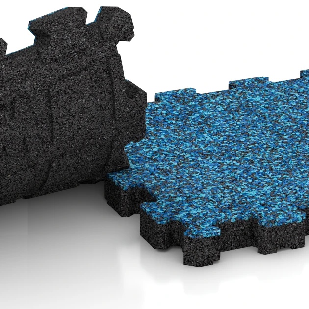 Großaufnahme vom Verbindungssystem von WARCO-Boden 5421 - Bezšpárová športová plocha im Farbdesign Atlantik. Abmessungen 30,6 x 30,6 x 3 cm | 0,094 m².