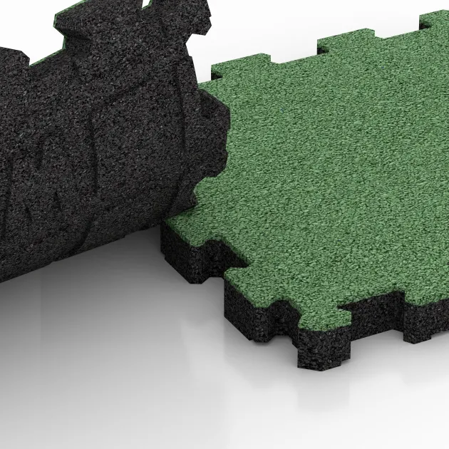 Großaufnahme vom Verbindungssystem von WARCO-Boden 4250 - Bezšpárová športová plocha im Farbdesign Bledozelená. Abmessungen 306 x 306 x 30 mm.
