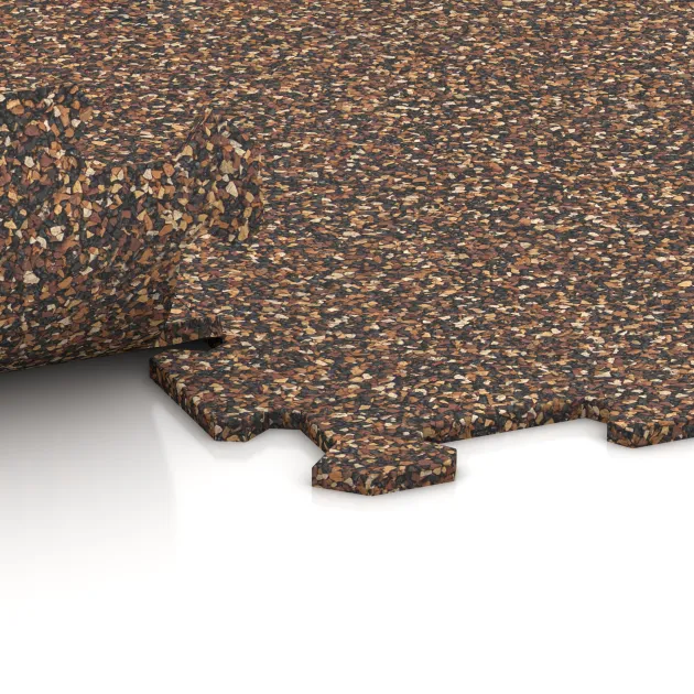 Großaufnahme vom Verbindungssystem von WARCO-Boden 1024 - Športová podlaha Kompakt im Farbdesign Kôra a Basto. Abmessungen 970 x 970 x 8 mm.